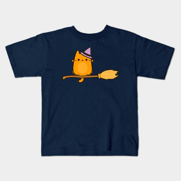 Bat cat on broomstick Kids T-Shirt by peppermintpopuk